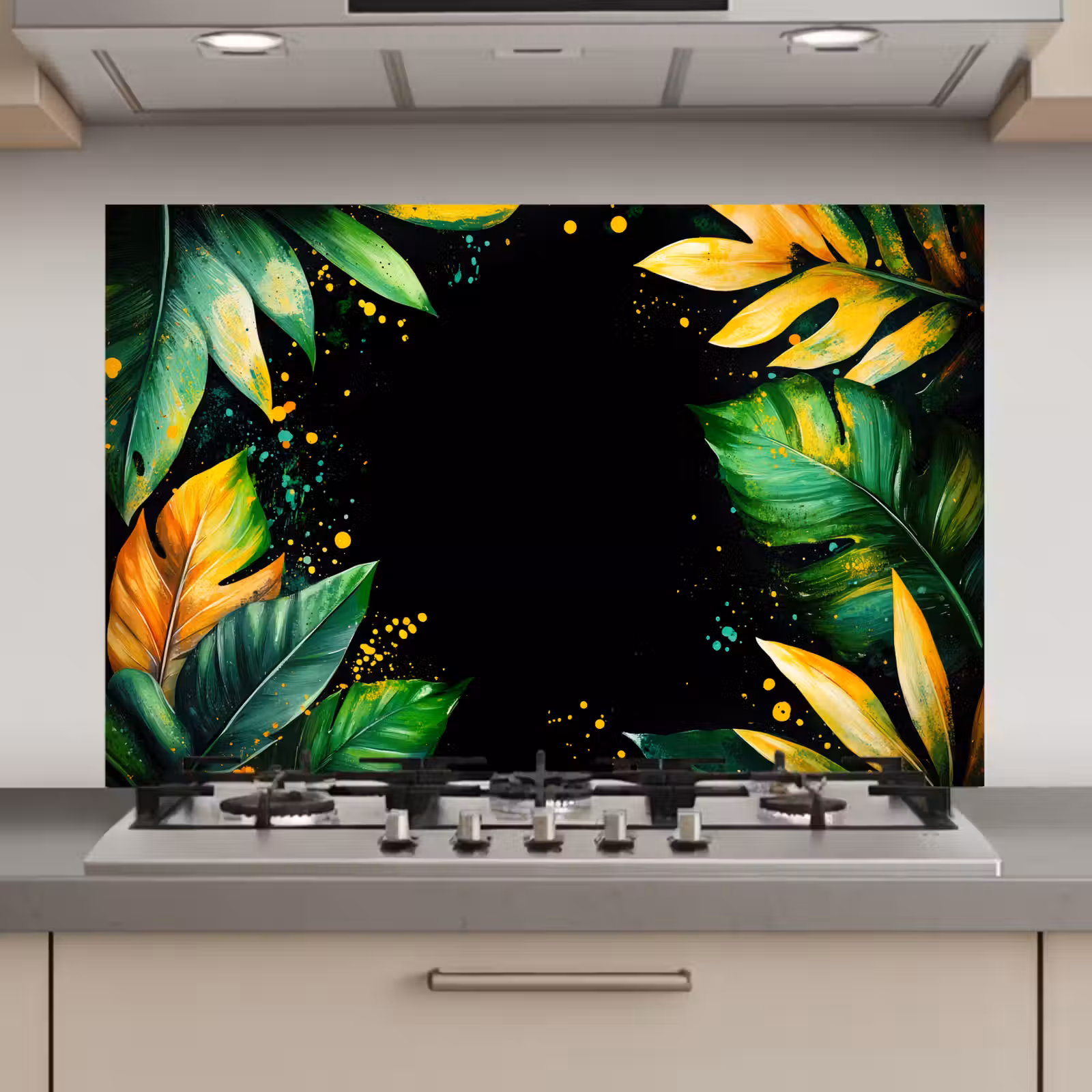 Spatscherm keuken - Bladeren - Groen - Geel - Verf - Jungle — 1