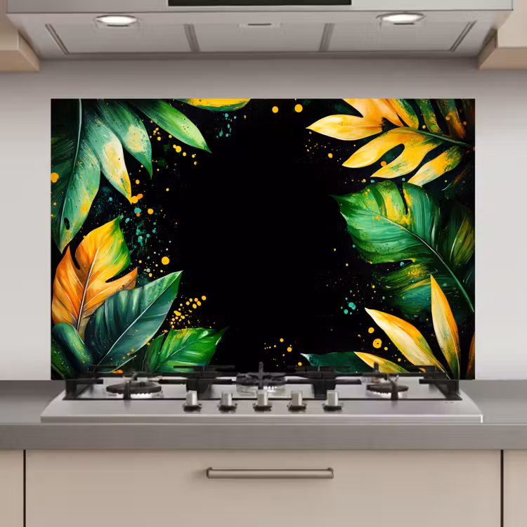 Spatscherm keuken - Bladeren - Groen - Geel - Verf - Jungle — 1