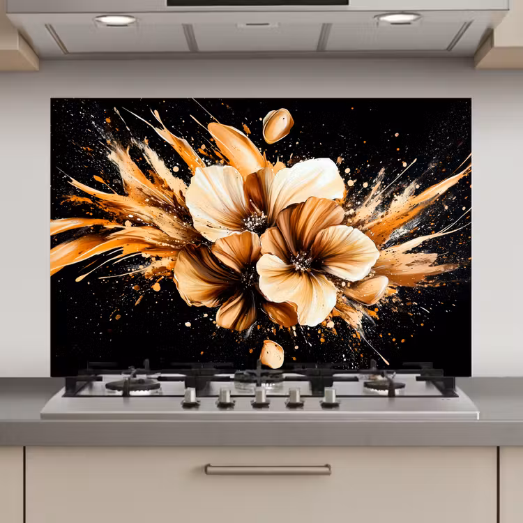 Spatscherm keuken - Bloemen - Goud - Graffiti - Zwart - Abstract — 1