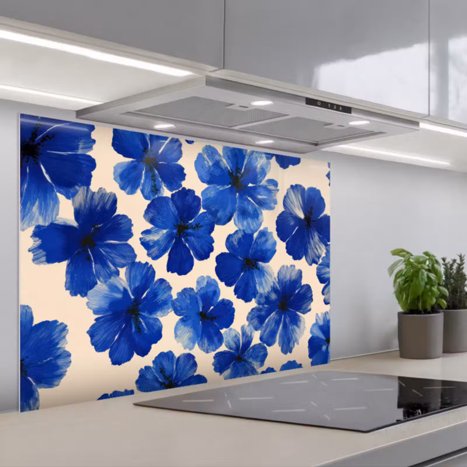Spatscherm keuken - Bloemen - Blauw -Patroon - Wit — 1