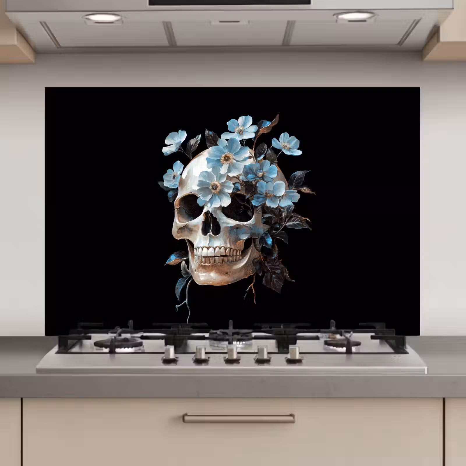 Spatscherm keuken - Schedel - Blauw - Bloemen - Bladeren — 1