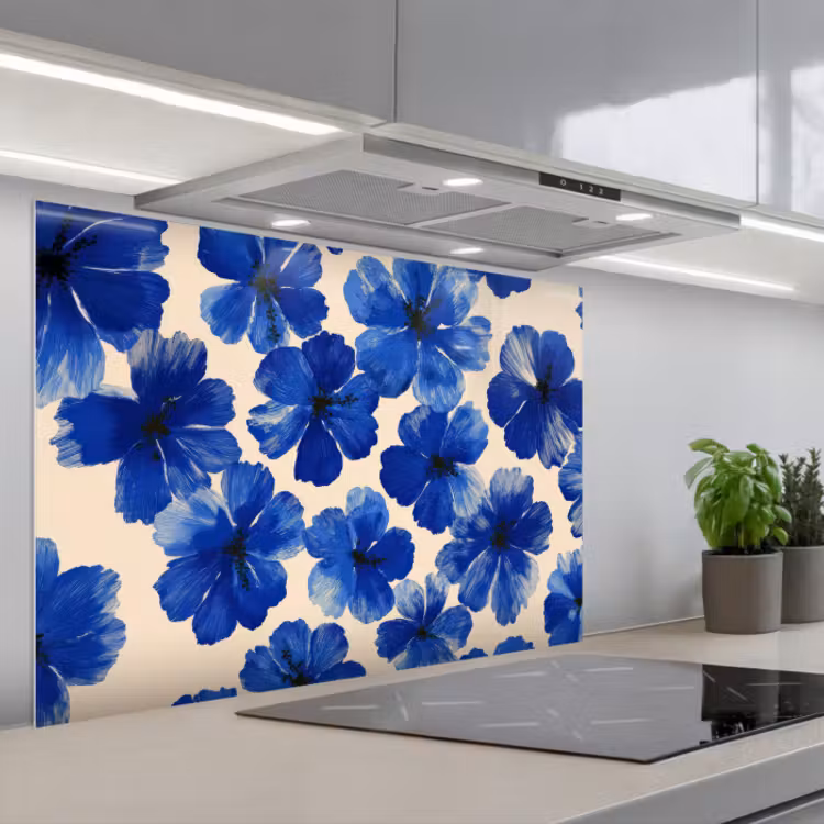 Spatscherm keuken - Bloemen - Blauw -Patroon - Wit — 1