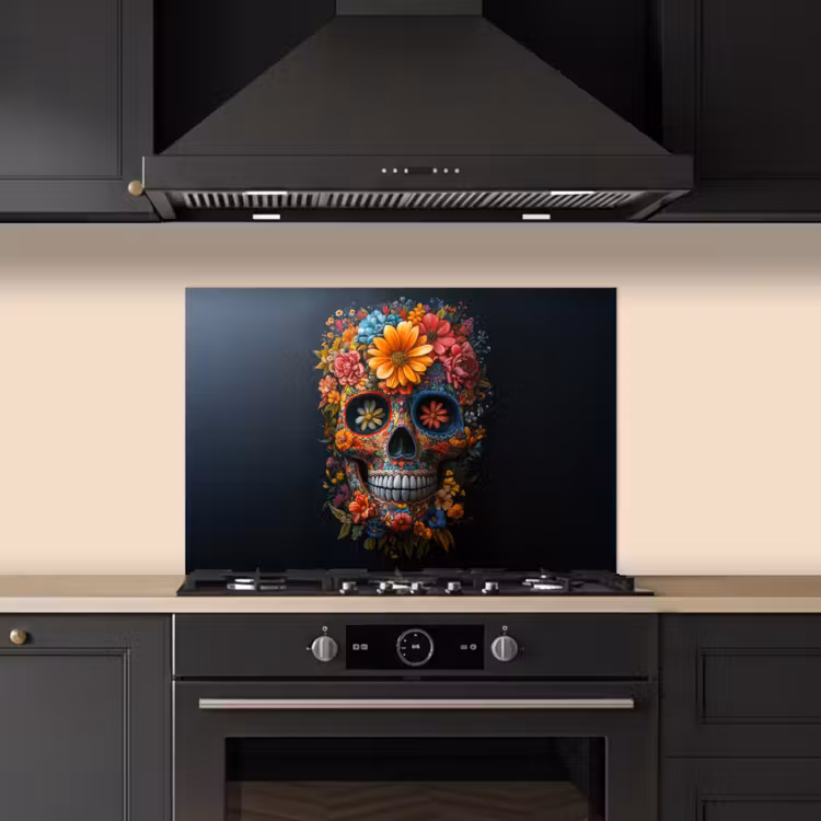 Spatscherm keuken - Bloemen - Kleurrijk - Schedel — 2