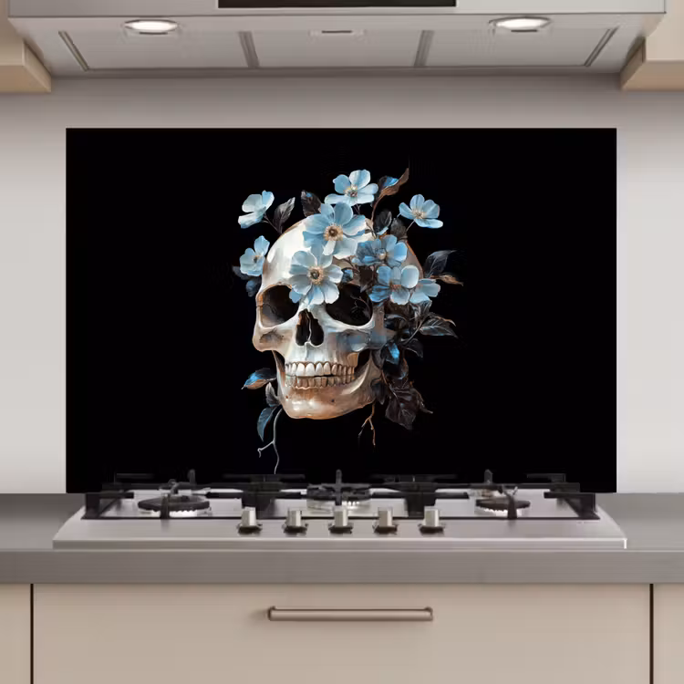 Spatscherm keuken - Schedel - Blauw - Bloemen - Bladeren — 1