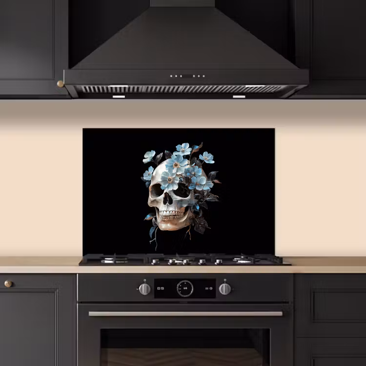 Spatscherm keuken - Schedel - Blauw - Bloemen - Bladeren — 2