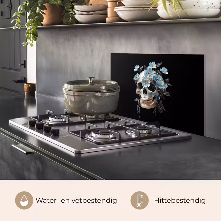 Spatscherm keuken - Schedel - Blauw - Bloemen - Bladeren — 7