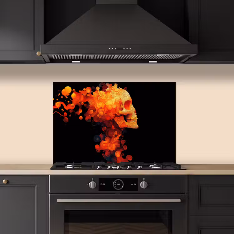Spatscherm keuken - Schedel - Oranje - Zijaanzicht - Vlammen — 2
