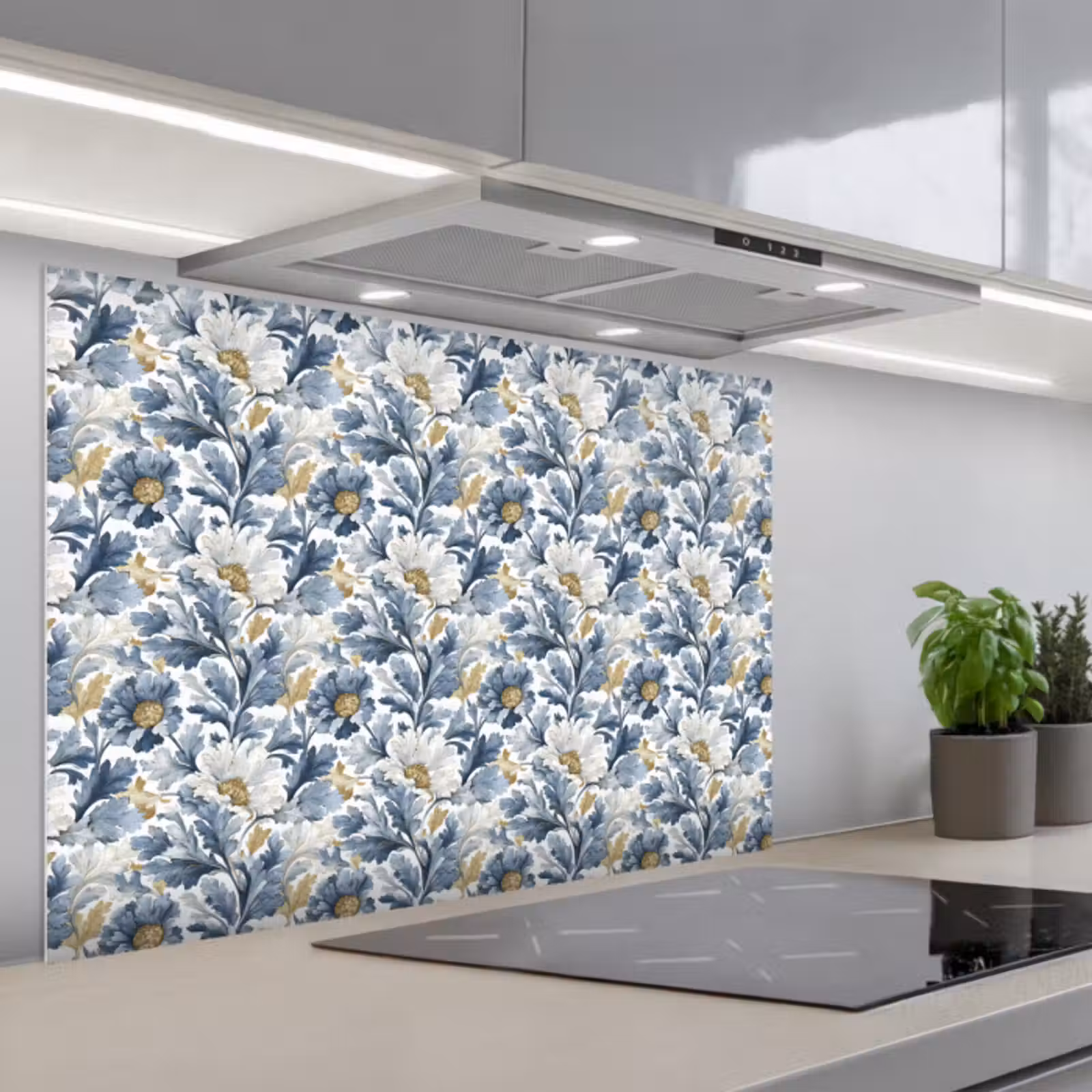 Spatscherm keuken - Bloemen - Wit - Blauw — 1