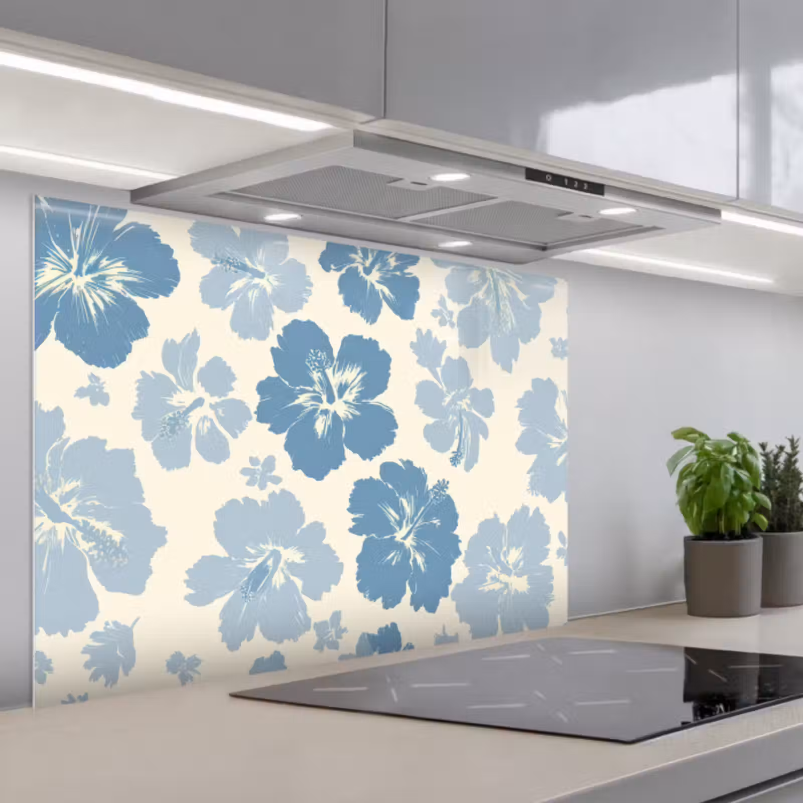 Spatscherm keuken - Hibiscusbloemen - Blauw - Patroon - Tropisch — 1