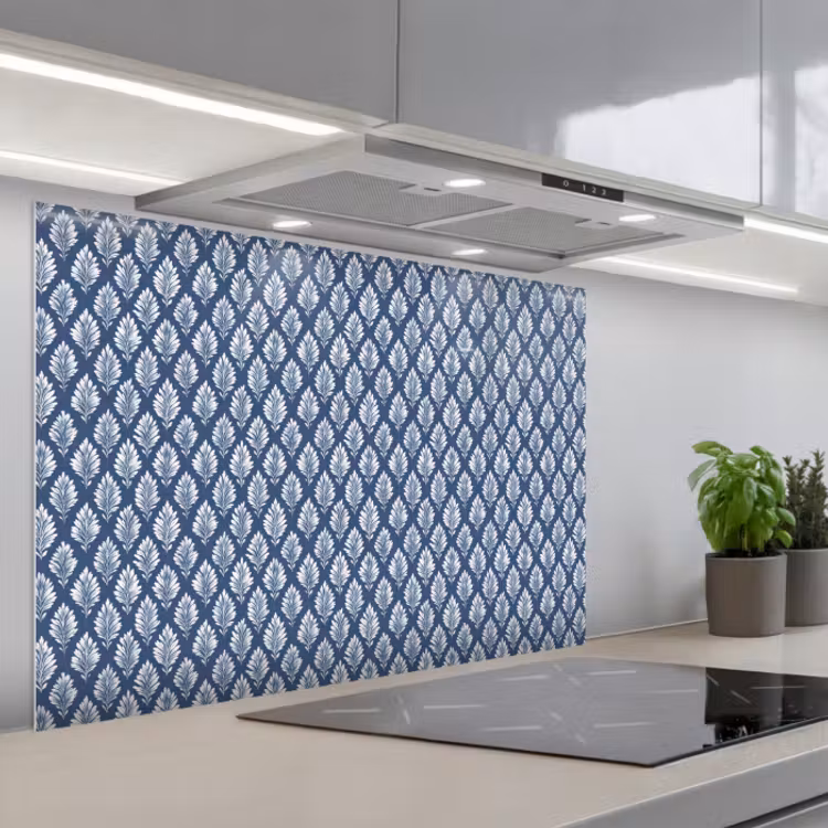 Spatscherm keuken - Bladeren - Wit - Blauw - Patroon — 1