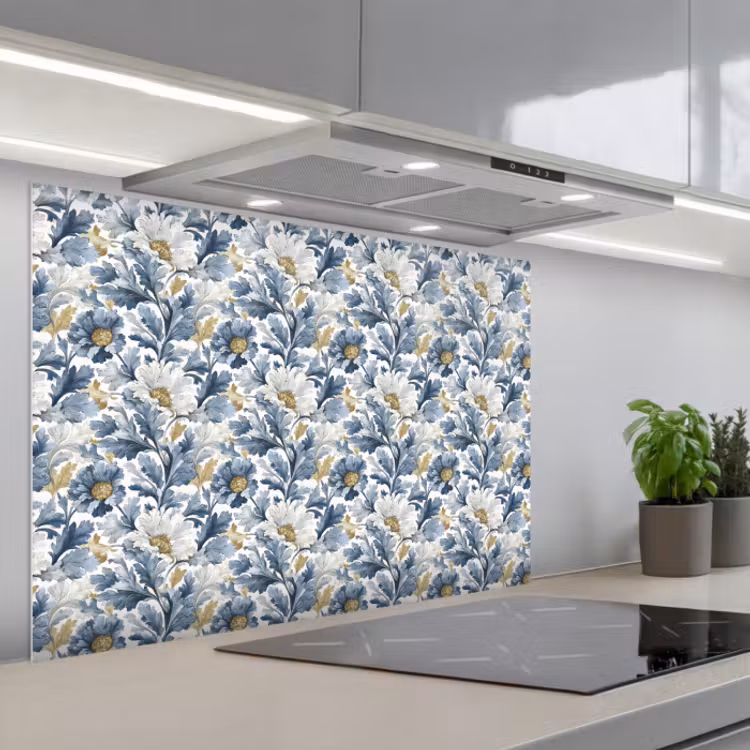 Spatscherm keuken - Bloemen - Wit - Blauw — 1