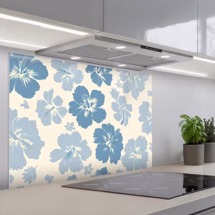 Spatscherm keuken - Hibiscusbloemen - Blauw - Patroon - Tropisch — 1