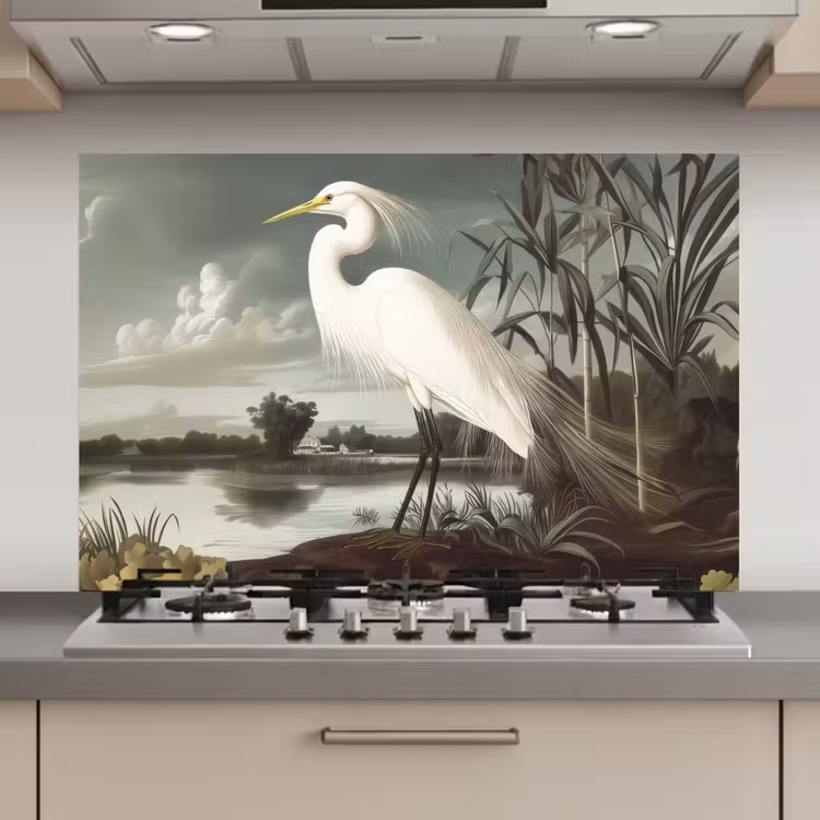 Spatscherm keuken - Reiger - Planten - Wolken - Wit — 1