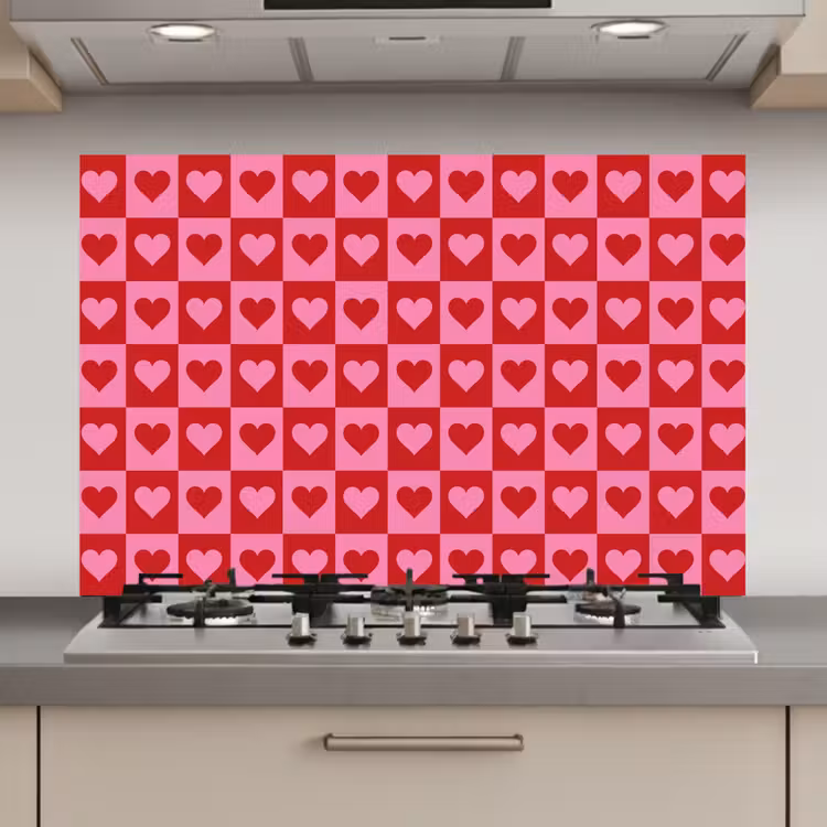 Spatscherm keuken - Rood - Roze - Schaakbord - Valentijn — 1