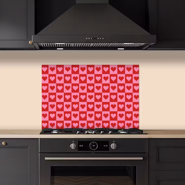 Spatscherm keuken - Rood - Roze - Schaakbord - Valentijn — 2