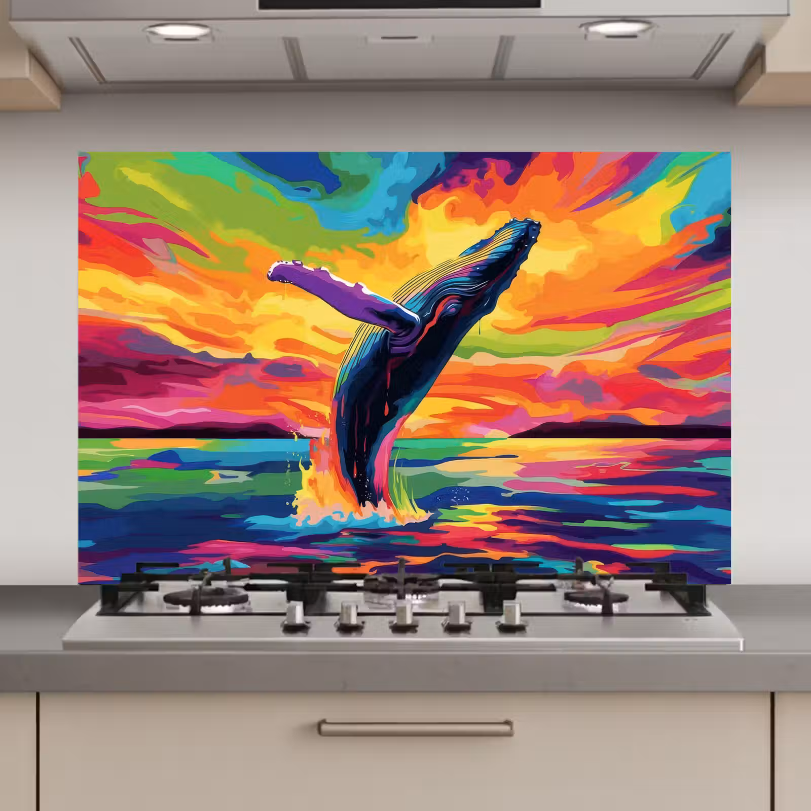 Spatscherm keuken - Zonsondergang - Walvis - Geschilderd - Kleurrijk — 1