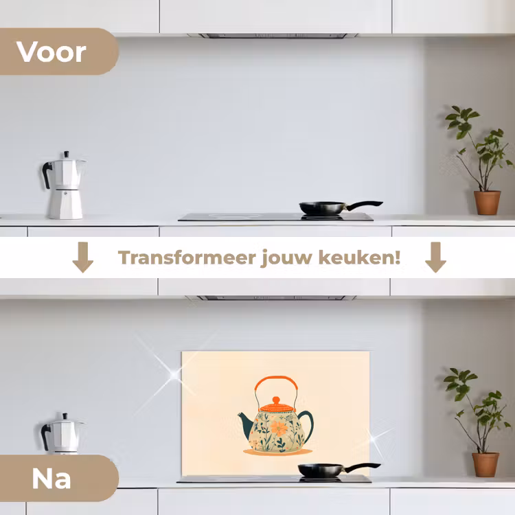 Spatscherm keuken - Oranje - Theepot - Bloemen - Bladeren — 3