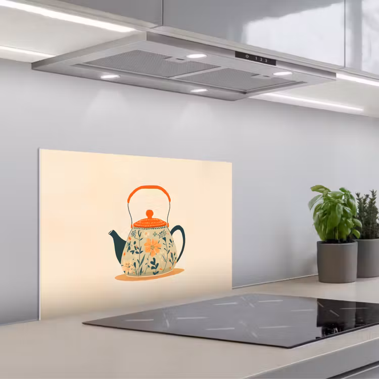 Spatscherm keuken - Oranje - Theepot - Bloemen - Bladeren — 5