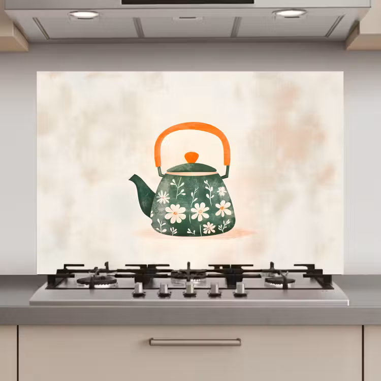Spatscherm keuken - Theepot - Groen - Bloemen - Oranje — 1