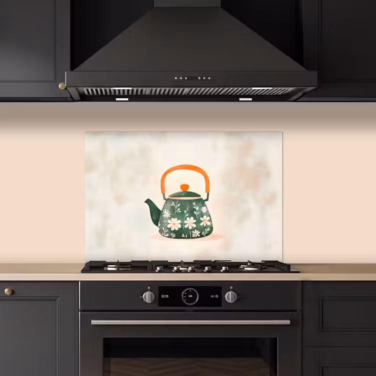 Spatscherm keuken - Theepot - Groen - Bloemen - Oranje — 2