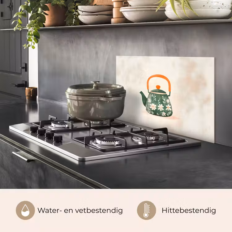 Spatscherm keuken - Theepot - Groen - Bloemen - Oranje — 7