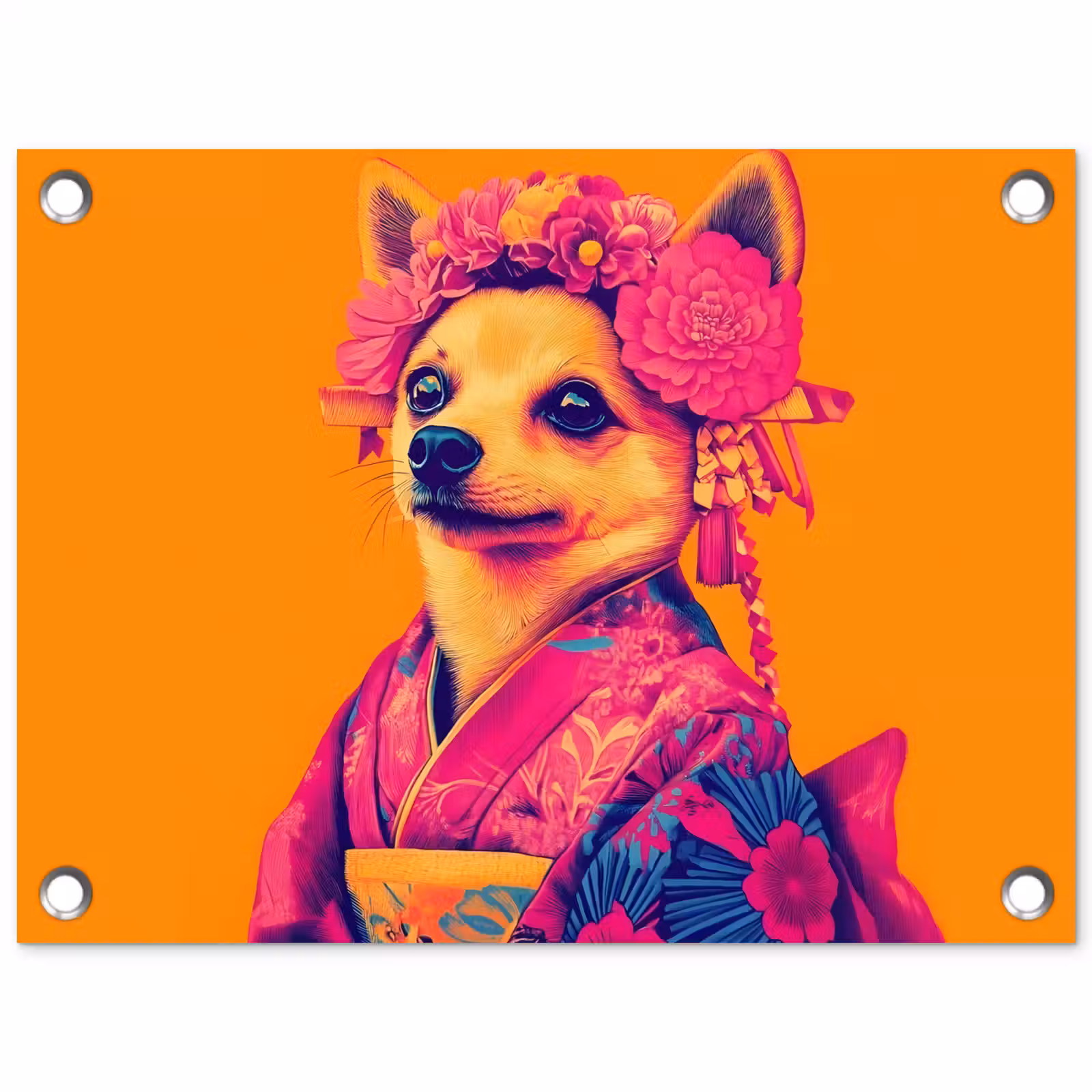 Tuinposter - Kimono - Hondje - Bloemenkroon - Oranje — 1