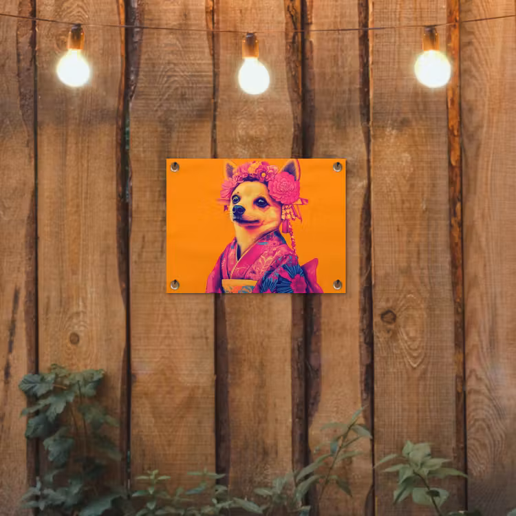 Tuinposter - Kimono - Hondje - Bloemenkroon - Oranje — 2