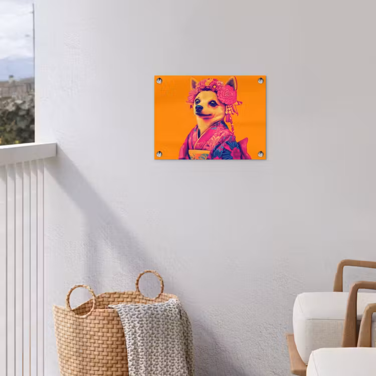 Tuinposter - Kimono - Hondje - Bloemenkroon - Oranje — 3
