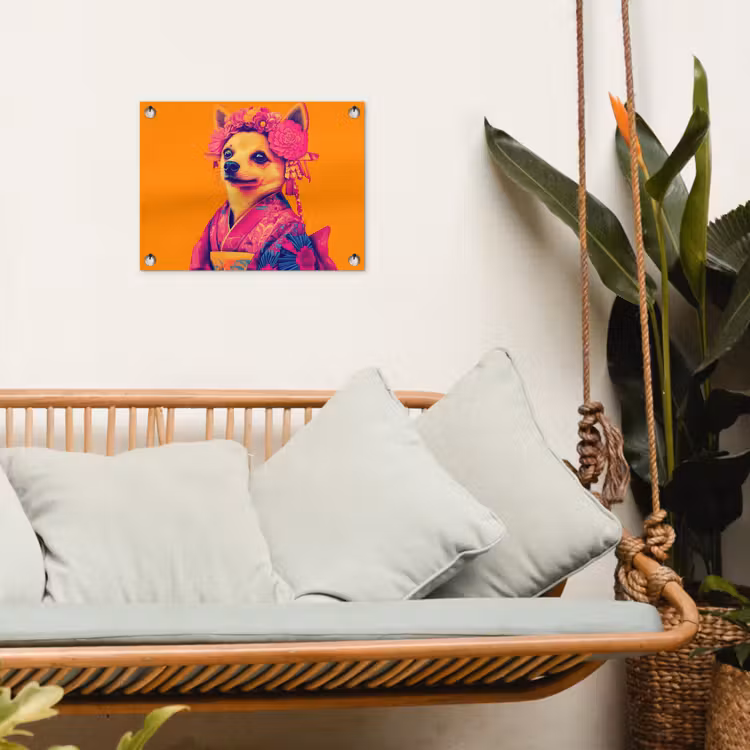 Tuinposter - Kimono - Hondje - Bloemenkroon - Oranje — 5