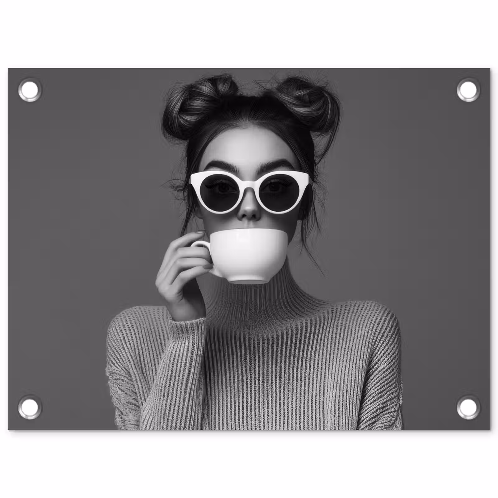 Tuinposter - Vrouw - Koffie - Zwart - Wit — 1