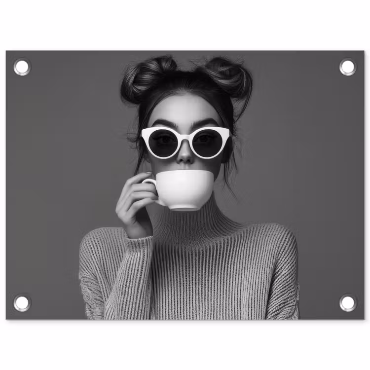 Tuinposter - Vrouw - Koffie - Zwart - Wit — 1