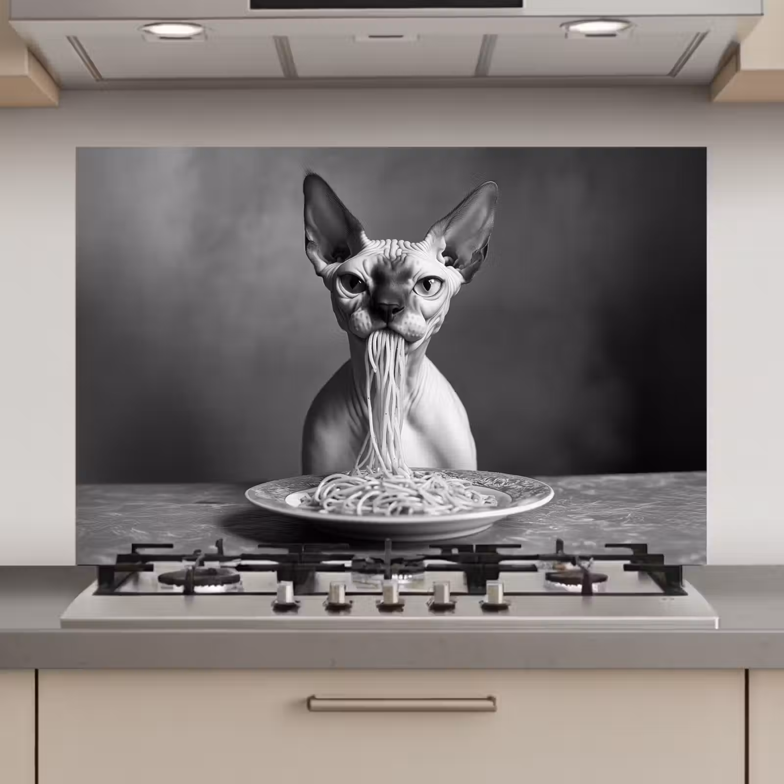 Spatscherm keuken - Sphynx - Kat - Dieren - Humor - Spaghetti - Zwart Wit — 1