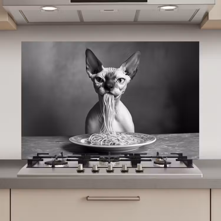 Spatscherm keuken - Sphynx - Kat - Dieren - Humor - Spaghetti - Zwart Wit — 1