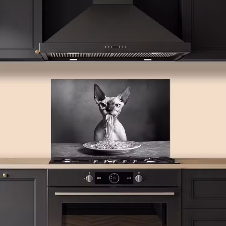 Spatscherm keuken - Sphynx - Kat - Dieren - Humor - Spaghetti - Zwart Wit — 2