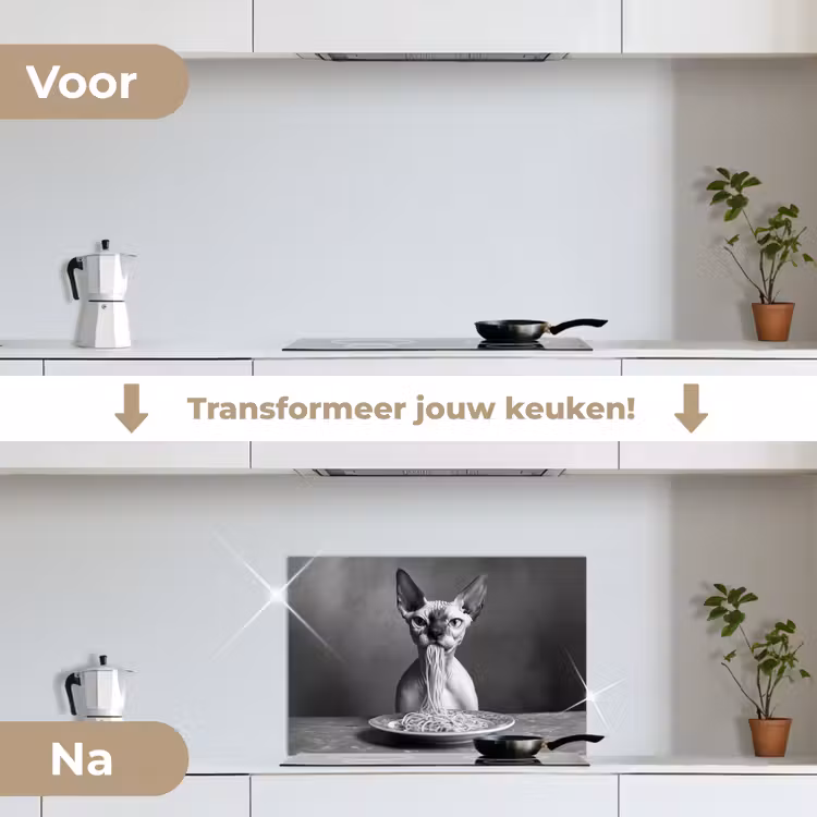 Spatscherm keuken - Sphynx - Kat - Dieren - Humor - Spaghetti - Zwart Wit — 3