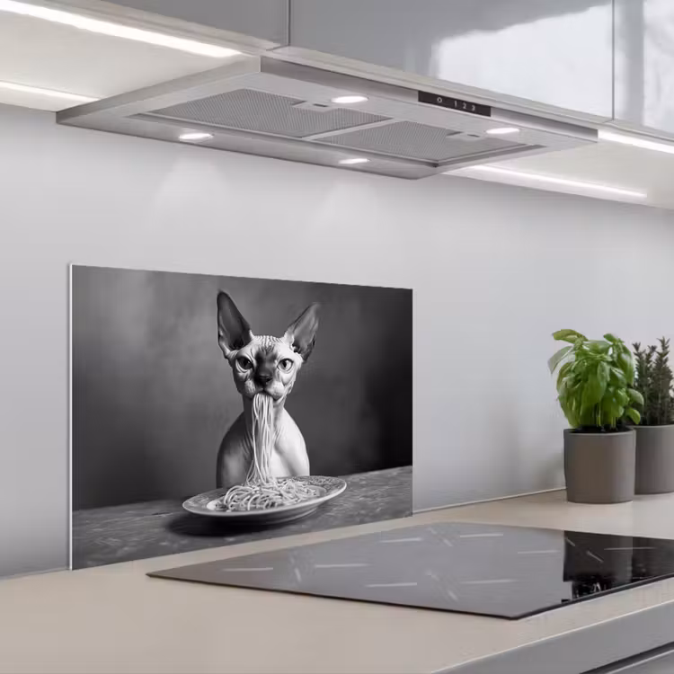 Spatscherm keuken - Sphynx - Kat - Dieren - Humor - Spaghetti - Zwart Wit — 5