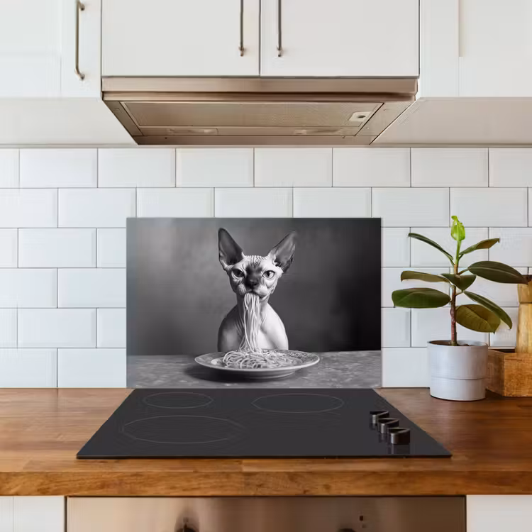 Spatscherm keuken - Sphynx - Kat - Dieren - Humor - Spaghetti - Zwart Wit — 6