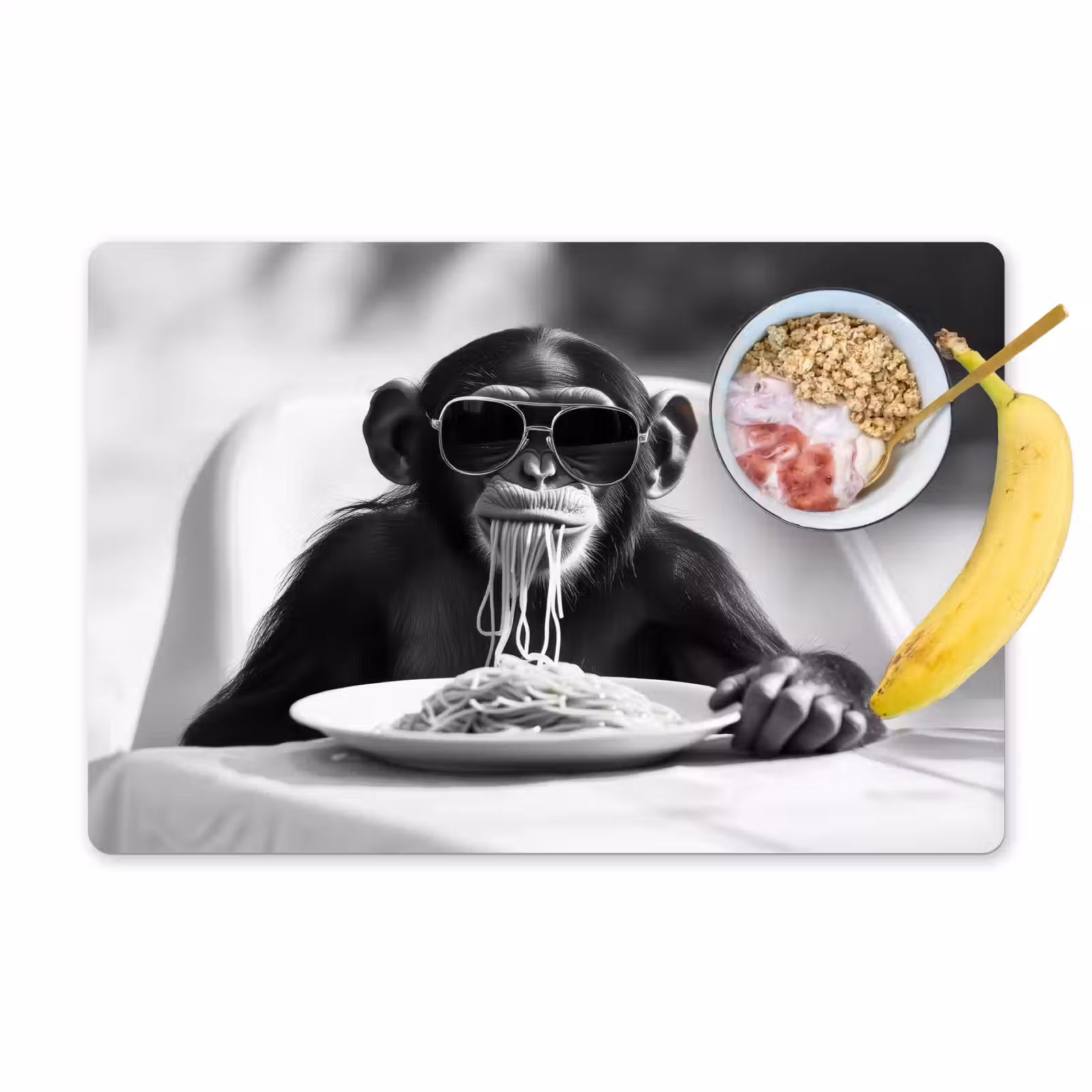 Placemat - 6 stuks - Aap - Spaghetti - Zonnebril - Zwart wit - Cool - Dier — 1