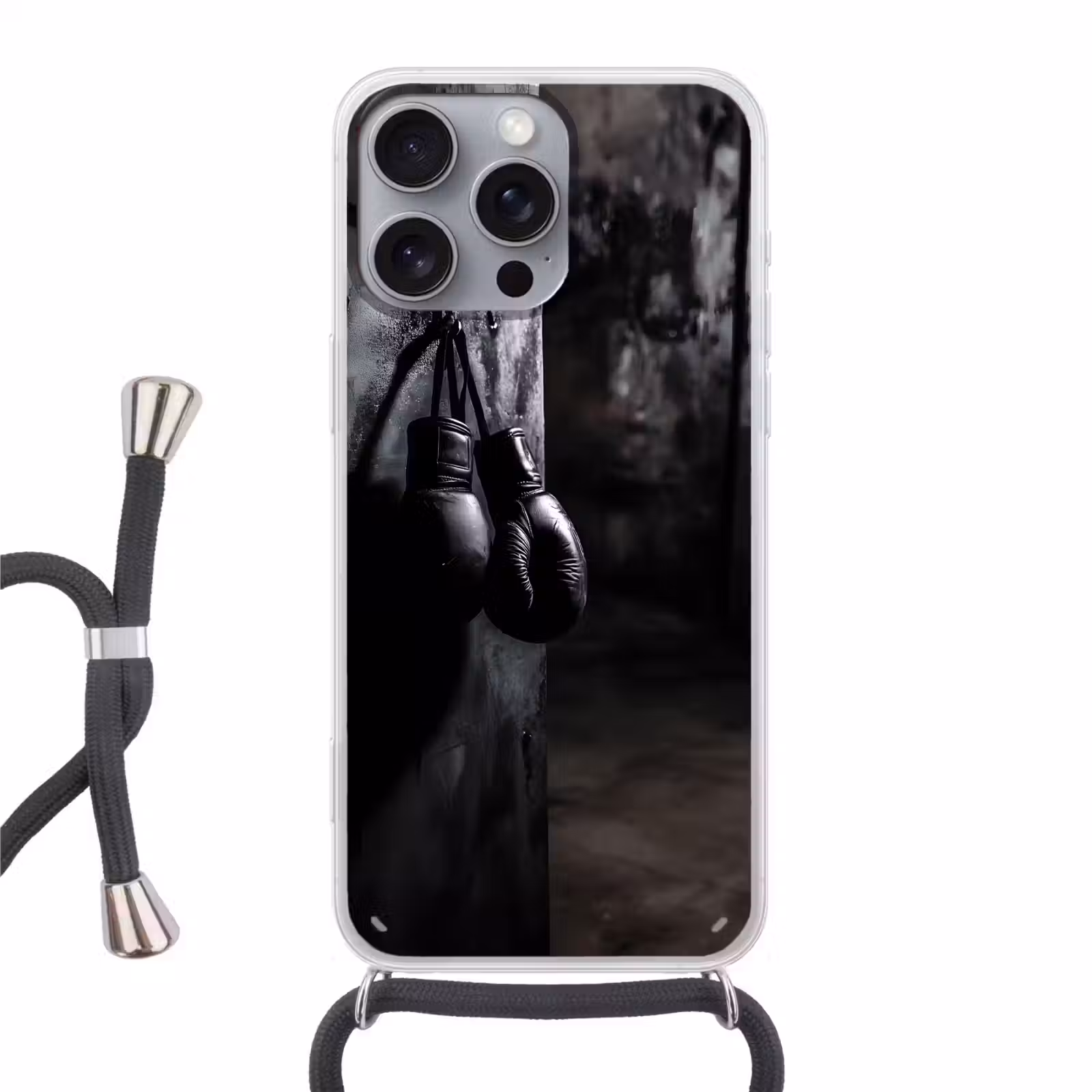 Telefoonhoesje met koord - Bokshandschoenen - Muur - Duister - Zwart — 1