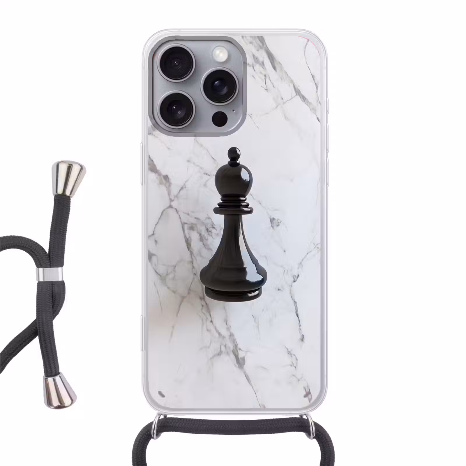 Telefoonhoesje met koord - Schaakstuk - Loper - Zwart - Marmer — 1