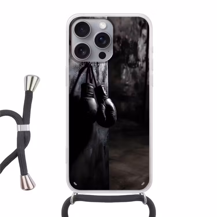 Telefoonhoesje met koord - Bokshandschoenen - Muur - Duister - Zwart — 1