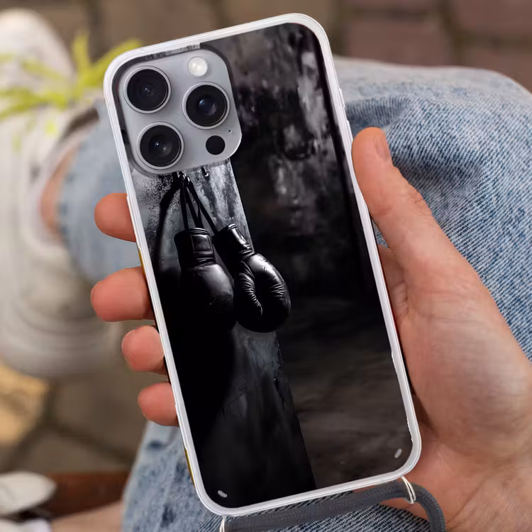 Telefoonhoesje met koord - Bokshandschoenen - Muur - Duister - Zwart — 2