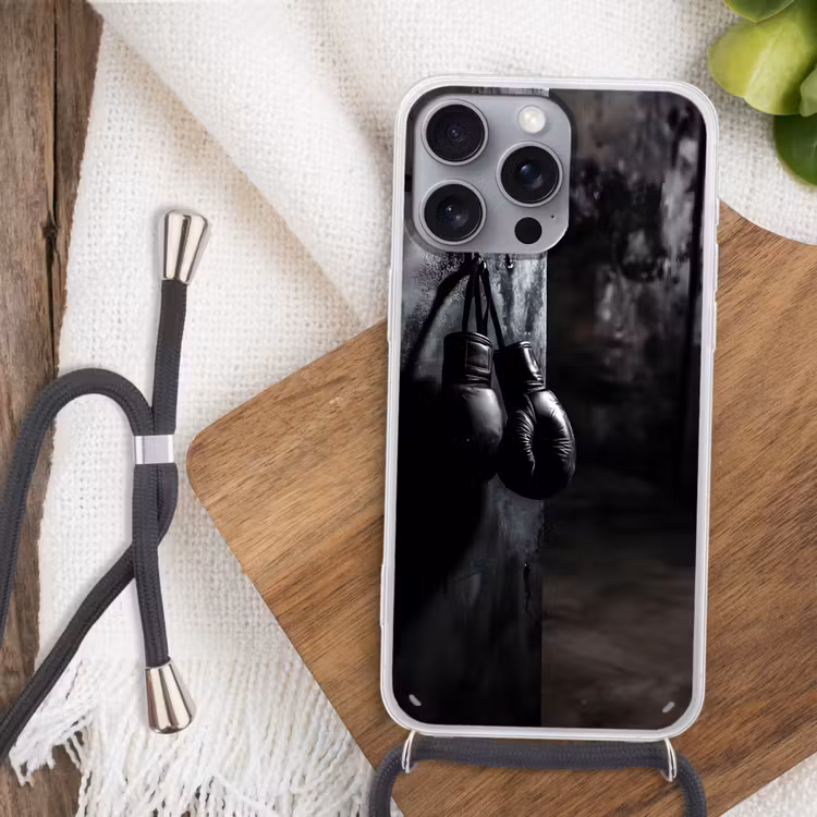 Telefoonhoesje met koord - Bokshandschoenen - Muur - Duister - Zwart — 3