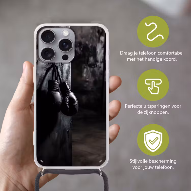 Telefoonhoesje met koord - Bokshandschoenen - Muur - Duister - Zwart — 4