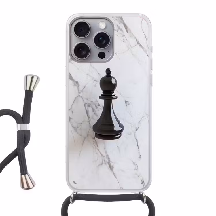 Telefoonhoesje met koord - Schaakstuk - Loper - Zwart - Marmer — 1