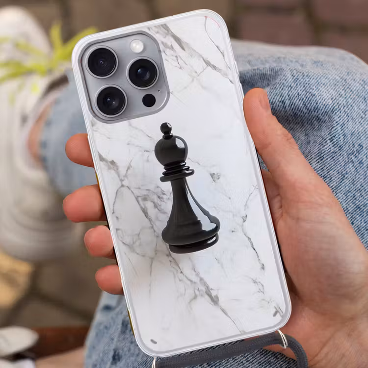 Telefoonhoesje met koord - Schaakstuk - Loper - Zwart - Marmer — 2