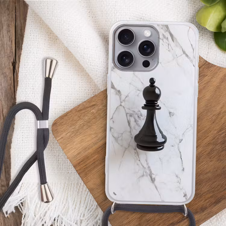 Telefoonhoesje met koord - Schaakstuk - Loper - Zwart - Marmer — 3
