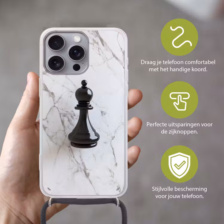 Telefoonhoesje met koord - Schaakstuk - Loper - Zwart - Marmer — 4