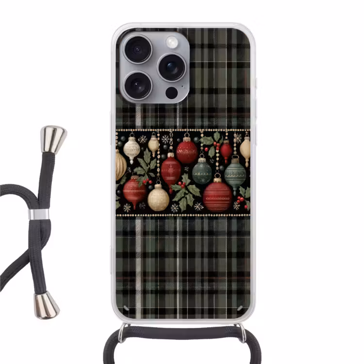 Telefoonhoesje met koord - Kerstballen - Rood - Hulsttakken - Patroon — 1