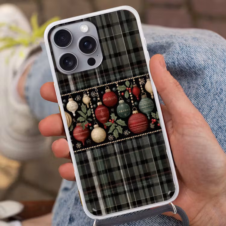 Telefoonhoesje met koord - Kerstballen - Rood - Hulsttakken - Patroon — 2